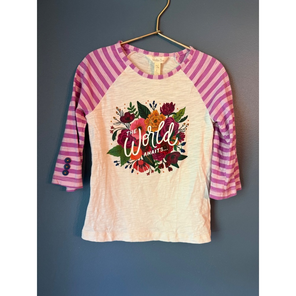 Matilda Jane Girls The World Awaits Floral Raglan Striped Sleeve Top Size 6